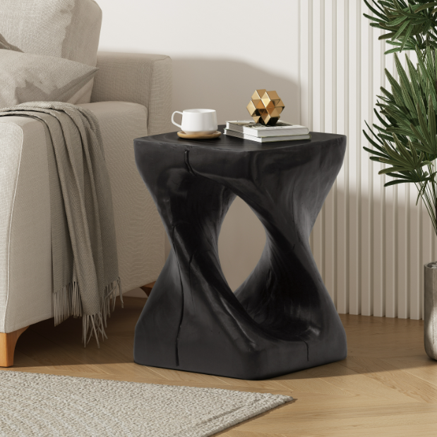 Euroco MGO Twist Shape Side Table, Wood-like texture, Black Color