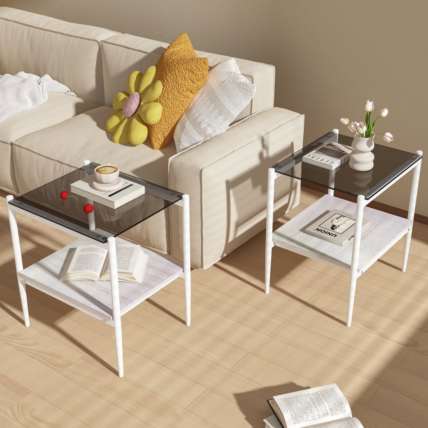 Euroco Set of 2 Rectangle End Table, Tempered Glass Tabletop with MDF layer, Modern Table for Living Room , Gray Glass