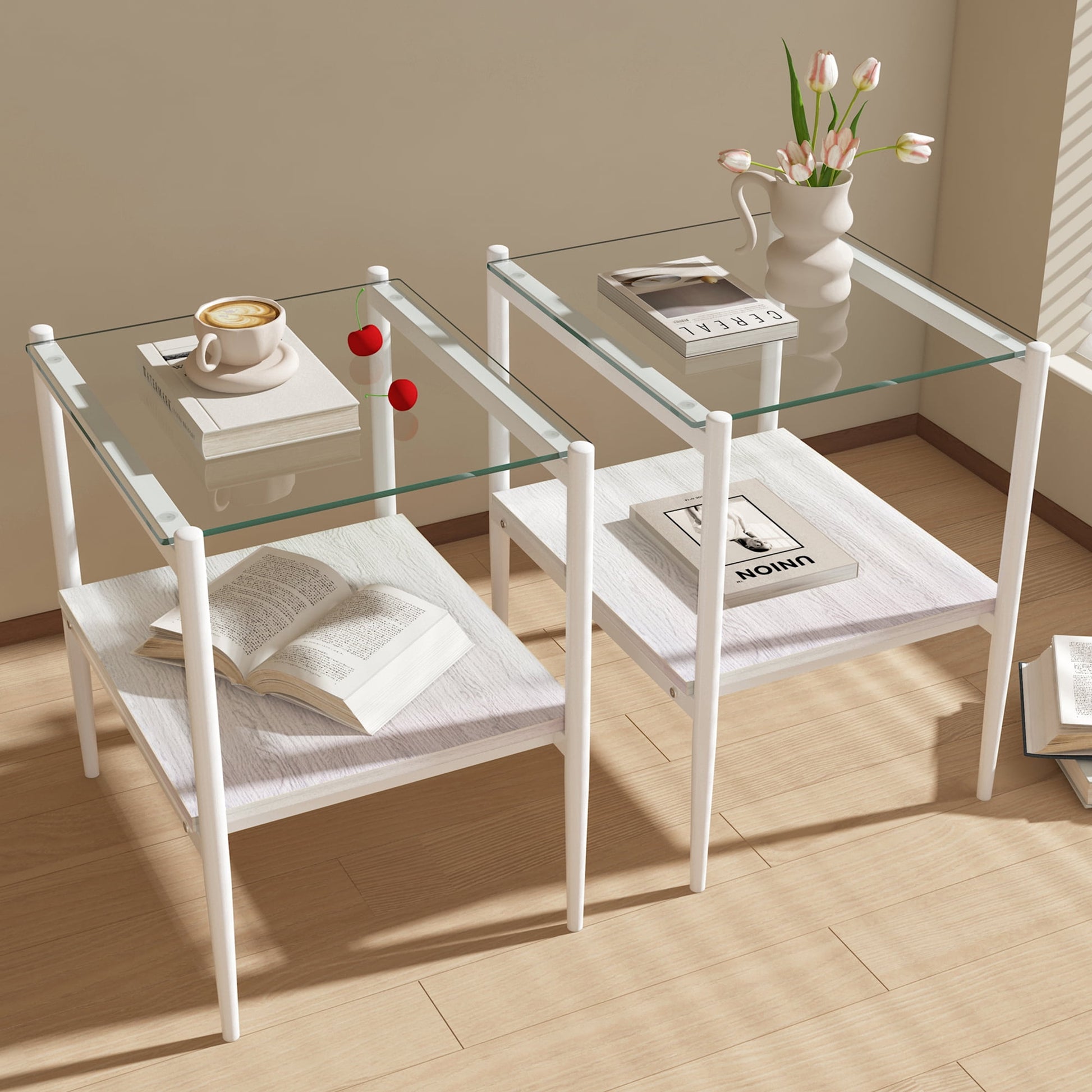 Euroco Set of 2 Rectangle End Table, Tempered Glass Tabletop with MDF layer, Modern Table for Living Room , Transparent Glass