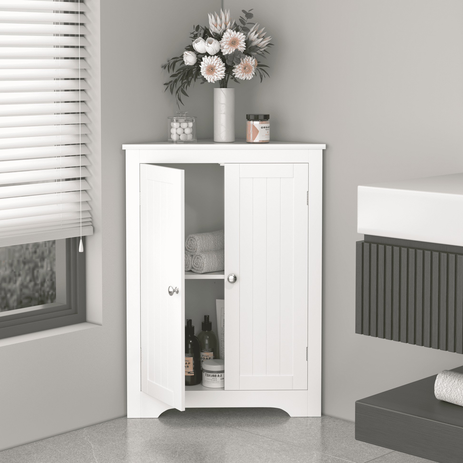 Euroco White Corner Storage Cabinet with Doors and Adjustable Shelf, Freestanding Floor Cabinet for Bathroom, Living Room, or Entryway