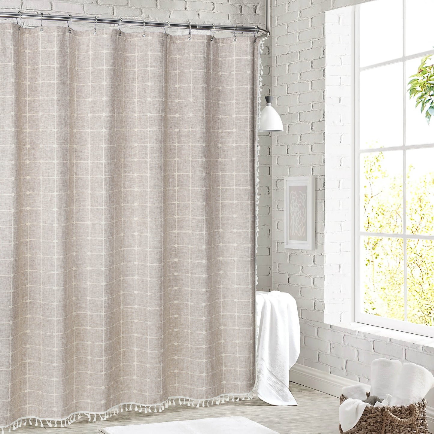 EvJk 1PC Modern Waterproof Plaid Shower Curtains with Tassel for Bathroom, 72" x 72", Taupe