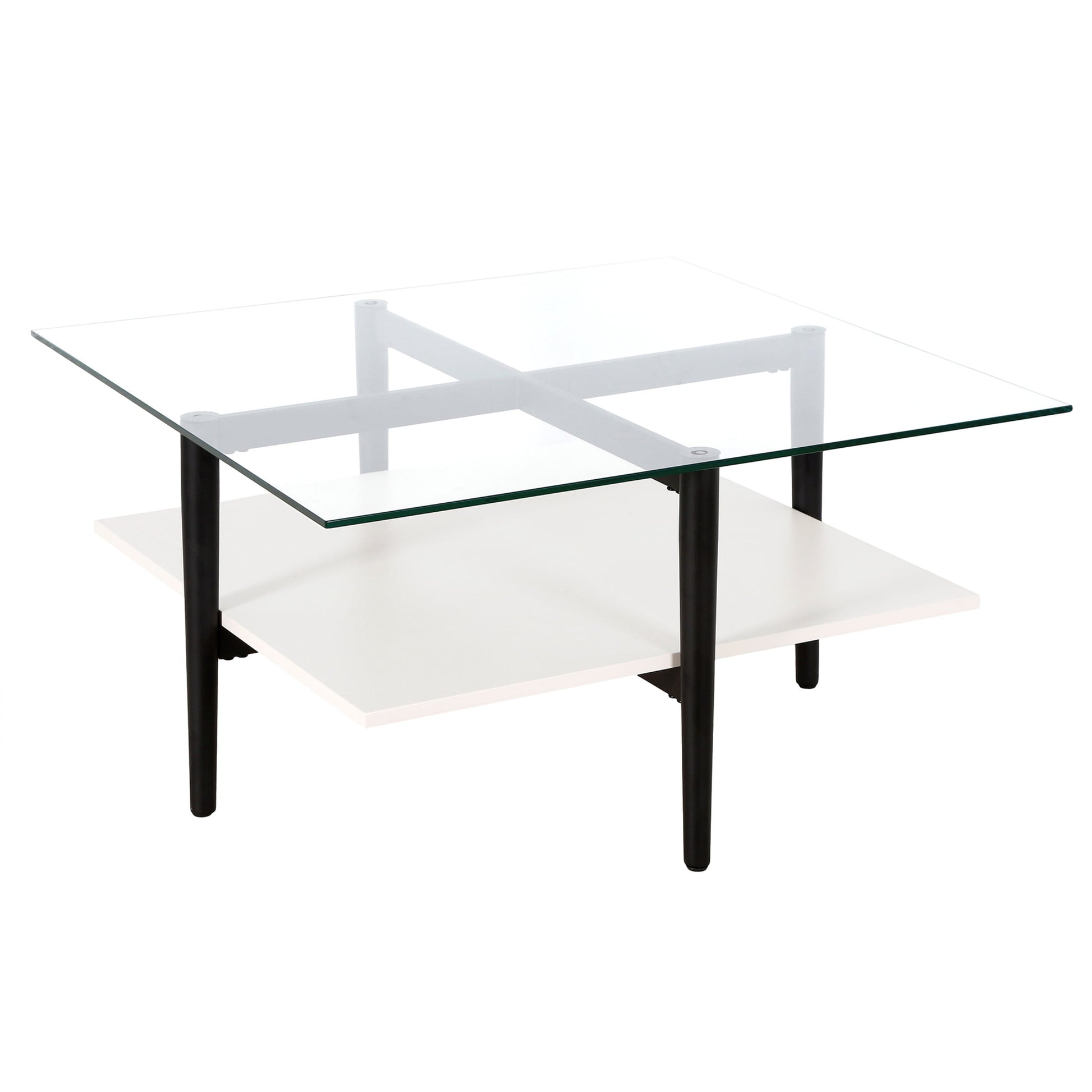 Evelyn&Zoe Otto 32" Wide Square Coffee Table with Faux Walnut Shelf, Brass