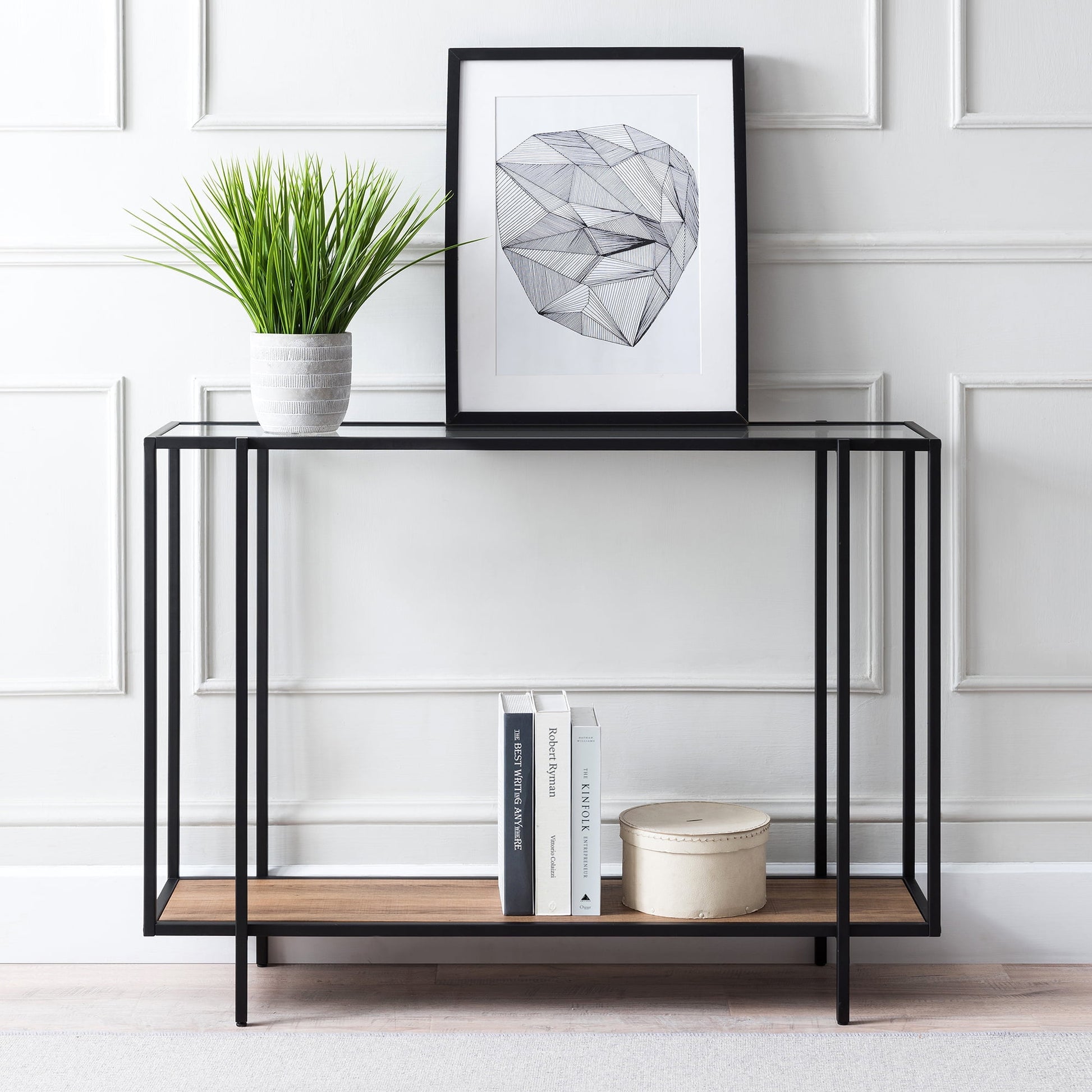 Evelyn&Zoe Vireo 42" Wide Rectangular Console Table with MDF Shelf, Blackened Bronze/Rustic Oak
