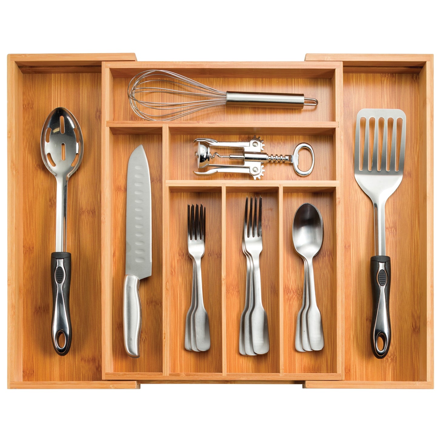 Expandable Bamboo Utensil Drawer Organizer, 17" Long, Adjustable 13"â€“22.2" Wide, 2" Deep, Up to 8 Compartments for Cutlery, Flatware & Kitchen Tools