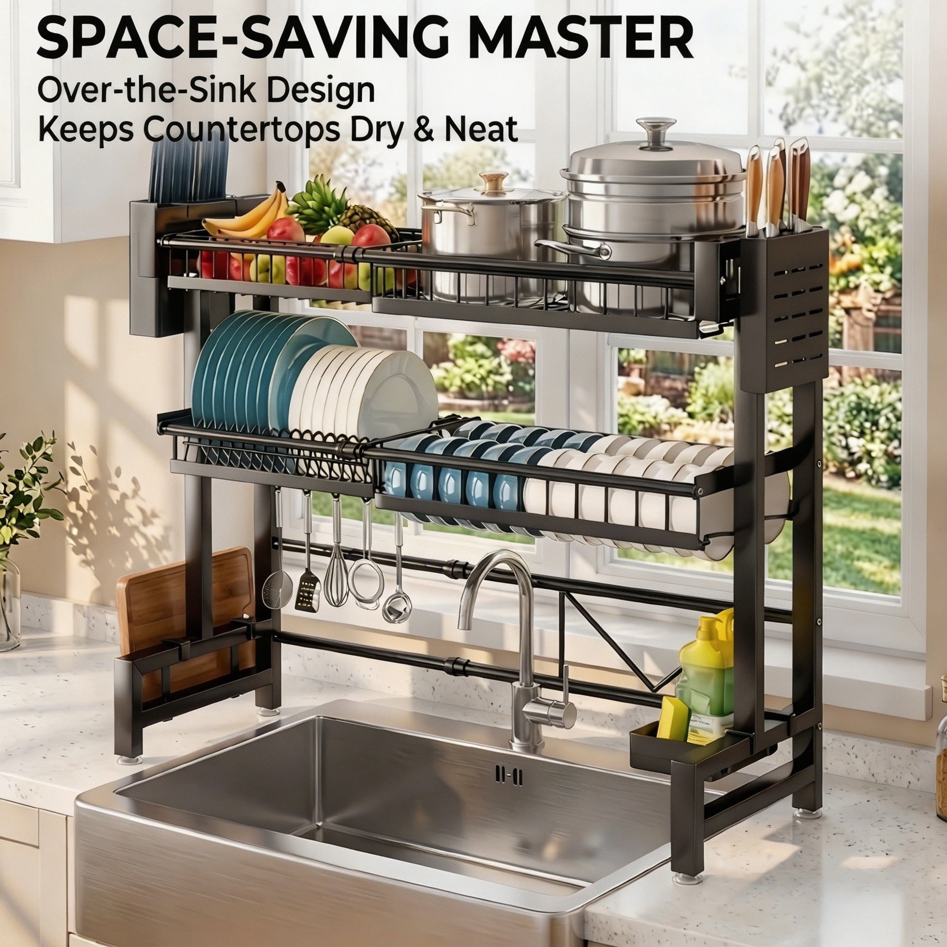 Expandable Over the Sink Dish Drying Rack, 2-Tier Adjustable Kitchen Counter Organizer (24.4-39.4in), Large Dish Drainer with Utensil Holder & Cutting Board Rack, Anti-Rust Black
