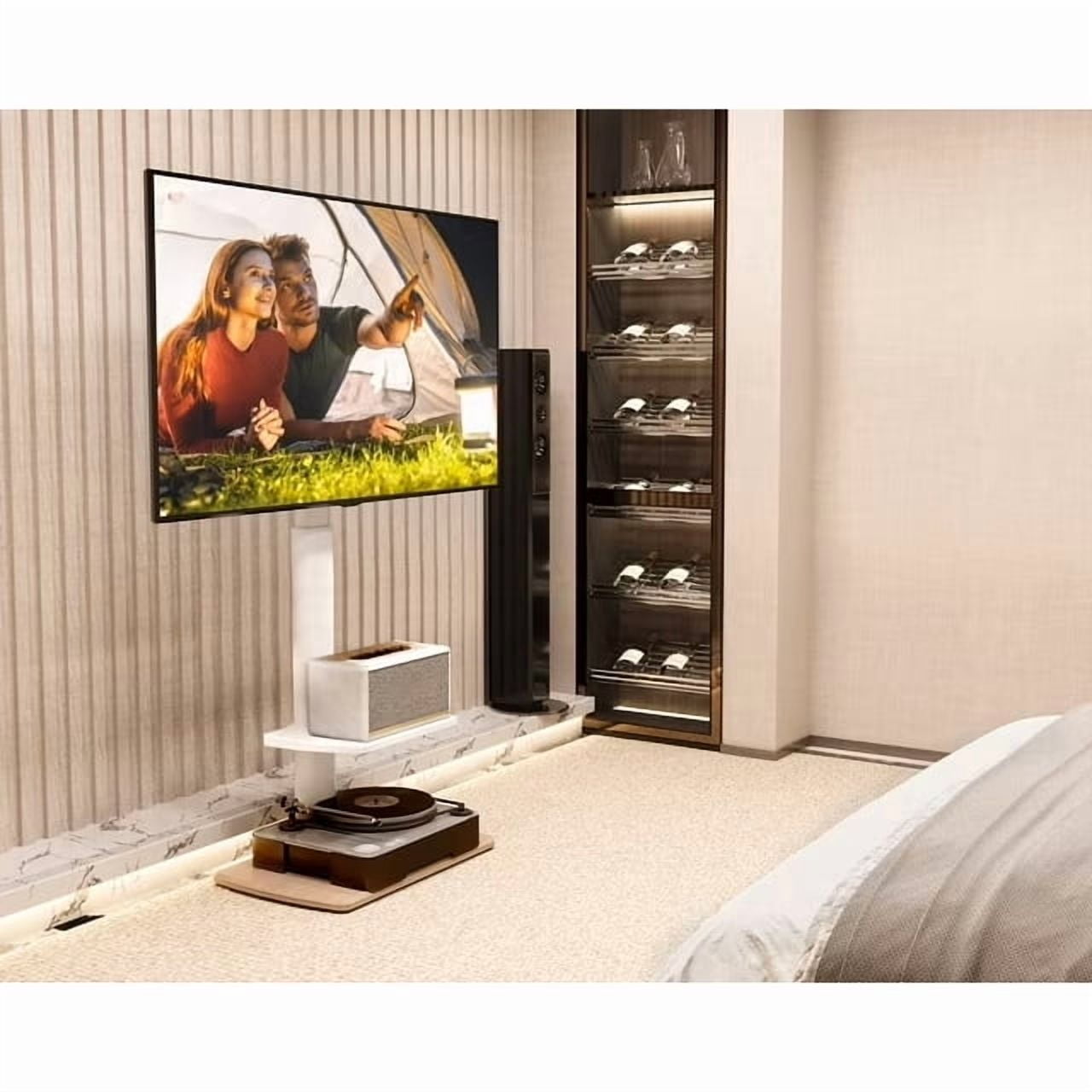 FITUEYES Floor TV Stand for 32-70 Inch Flat or Curved TVs up to 88 lbs, Height Adjustable, with 1 shelf and Swivel TV Mount Stand with Sturdy Wood Base, White