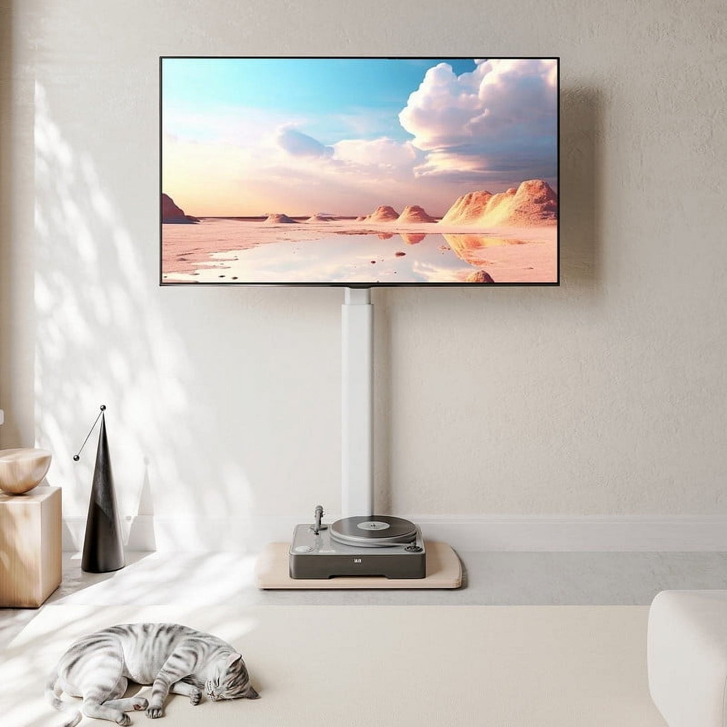 FITUEYES Floor TV Stand for 32-70 Inch Flat or Curved TVs up to 88 lbs, Height Adjustable, Swivel TV Mount Stand with Sturdy Wood Base, White