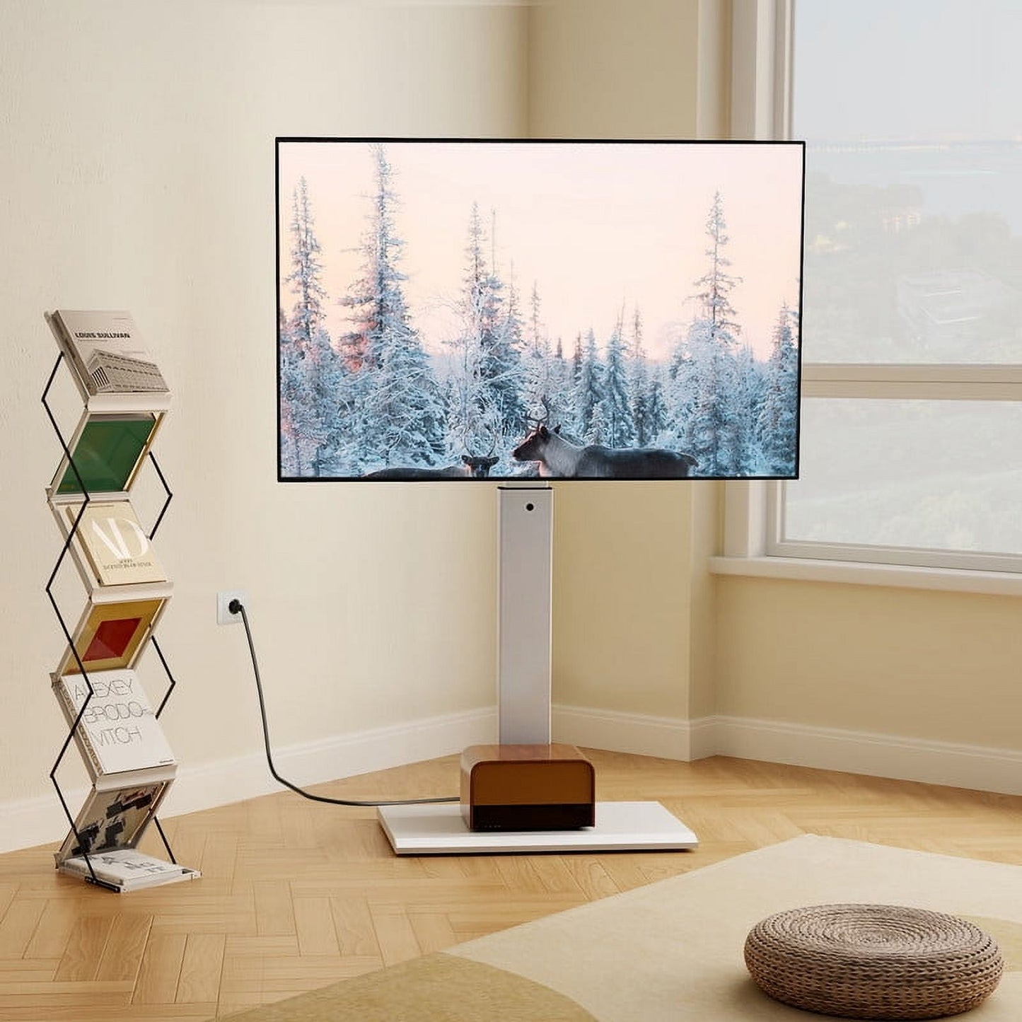 FITUEYES Modern White Swivel Floor TV Stand for TVs up to 65 inch Metal Base with Power Strip Mount