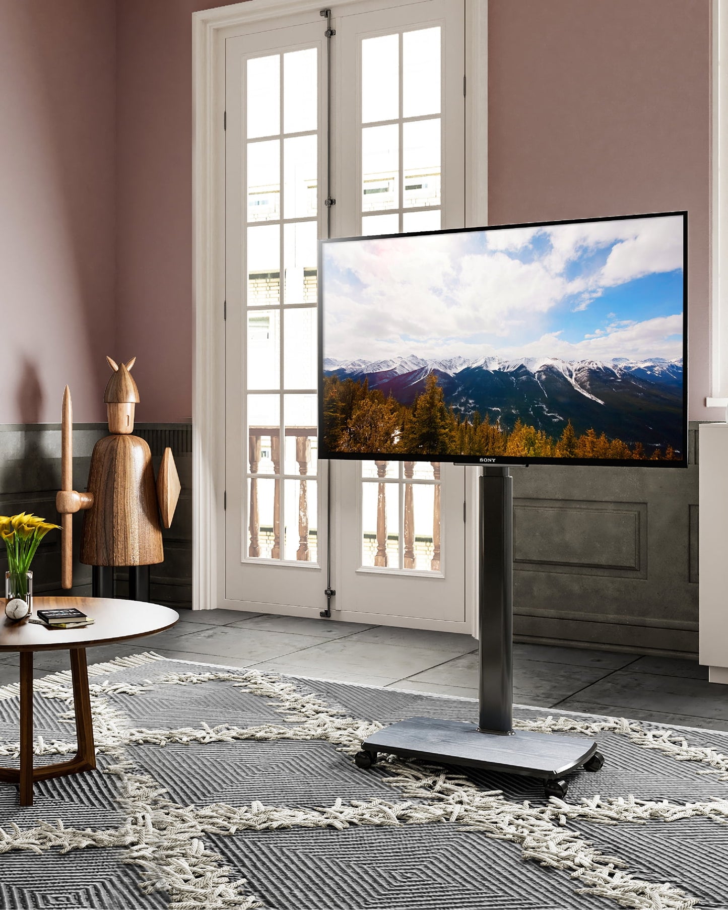 FITUEYES TV Stand with Wheels and Wooden Base for TVs up to 65", Black