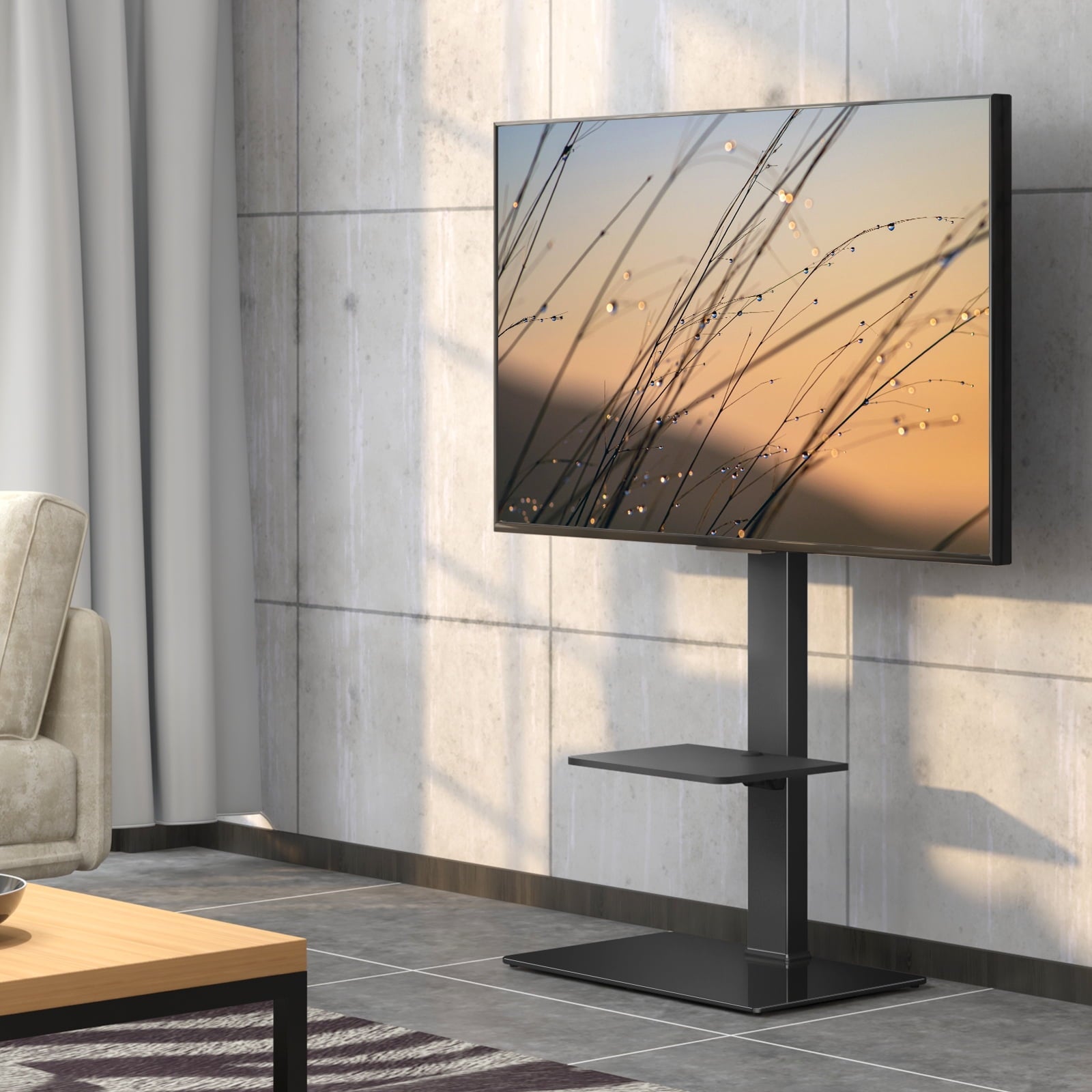 FITUEYES Universal Swivel Floor TV Stand for 65 Inch TV, Television Stands with Tempered Glass Base Black TV Stand for Bedroom, Modern Room, School, Hotel