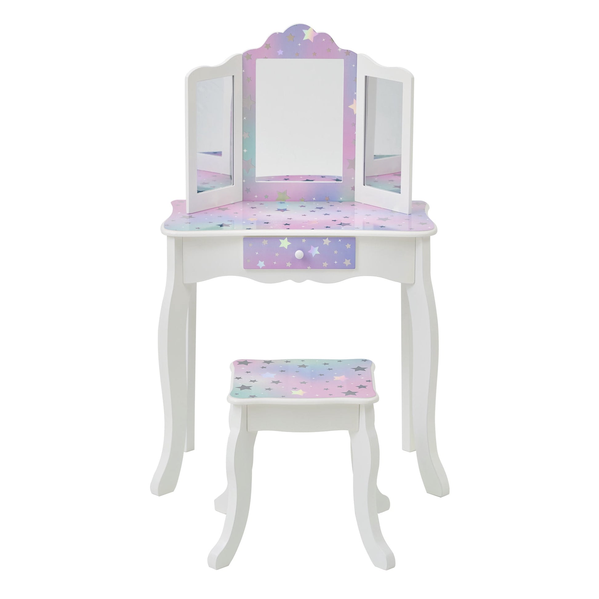 Fantasy Fields Gisele Starry Sky Wooden Kids Play Vanity Set with Tri-Fold Mirror & Stool, White & Lavender
