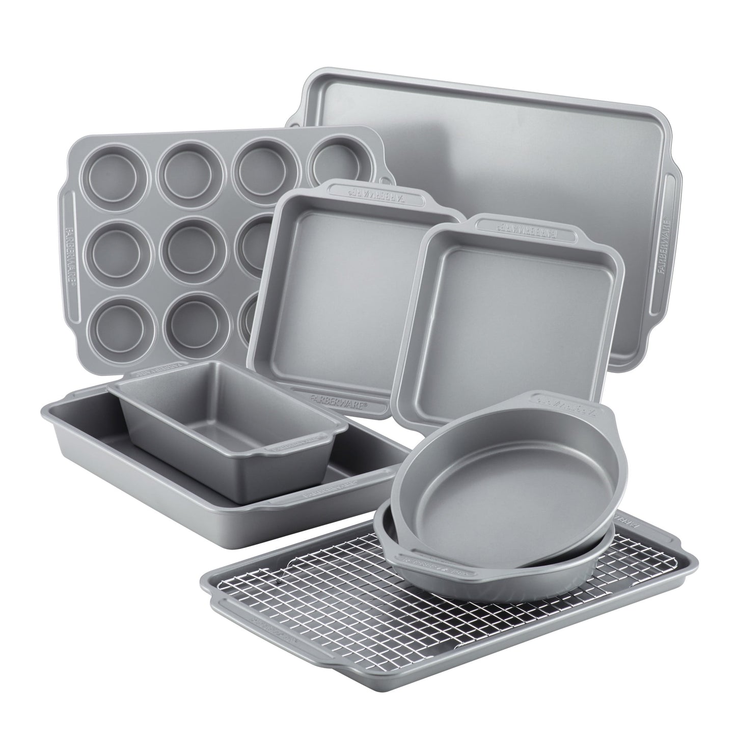 Farberware 10 Pcs Nonstick Bakeware Set with Cooling Rack, Dishwasher Safe and Oven Safe to 450Â°F, Gray