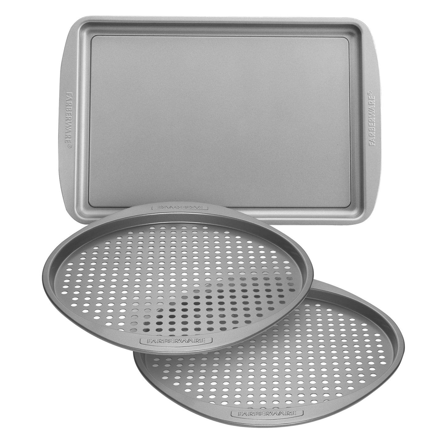 Farberware Bakeware Nonstick Pizza Crisper and Baking Sheet Pan Set, 3-Piece, Gray