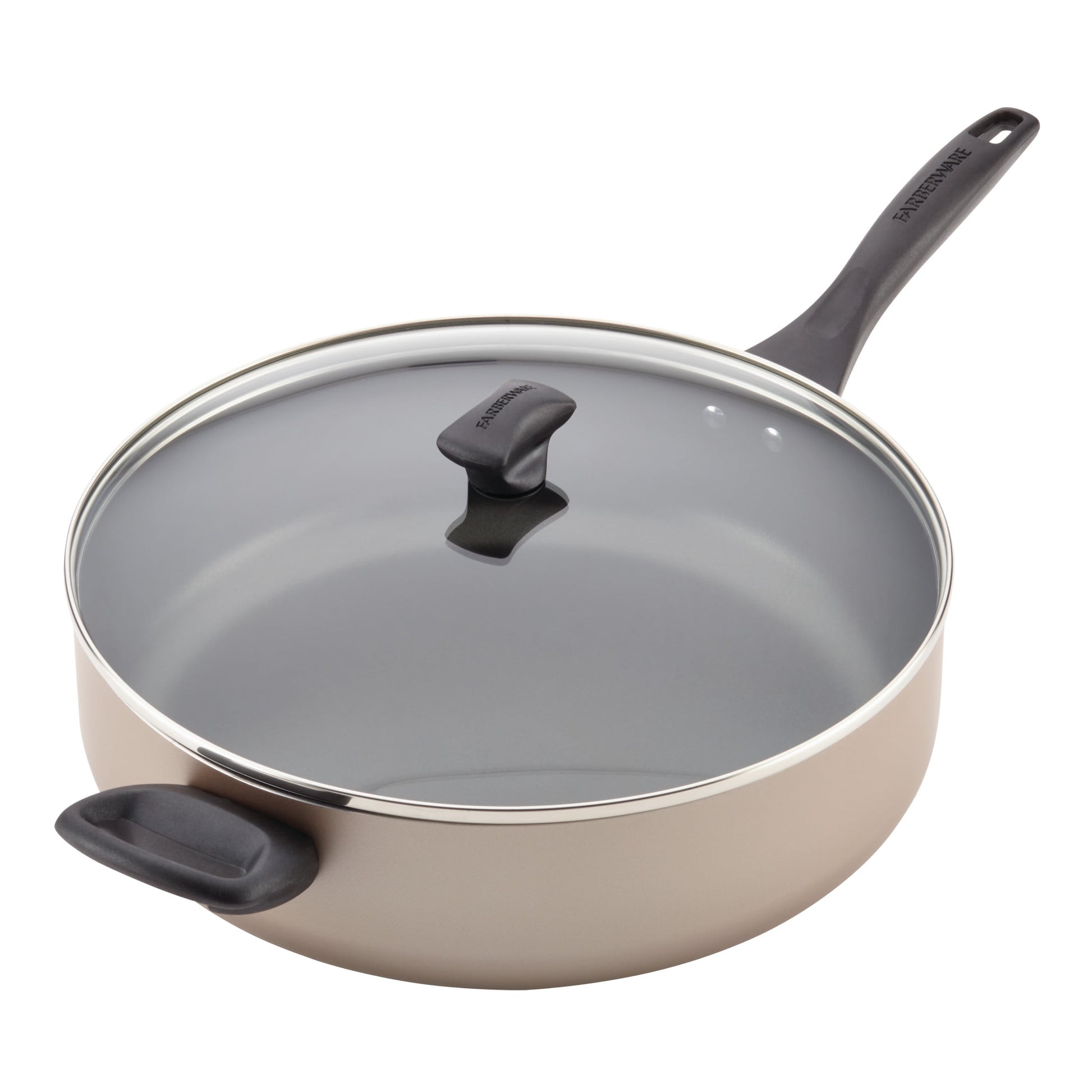 Farberware Dishwasher Safe Nonstick 6 Quart Jumbo Cooker/ Chef's Pan with Helper Handle and Glass Lid, Great for Family Meals, Dishwasher Safe, Champagne