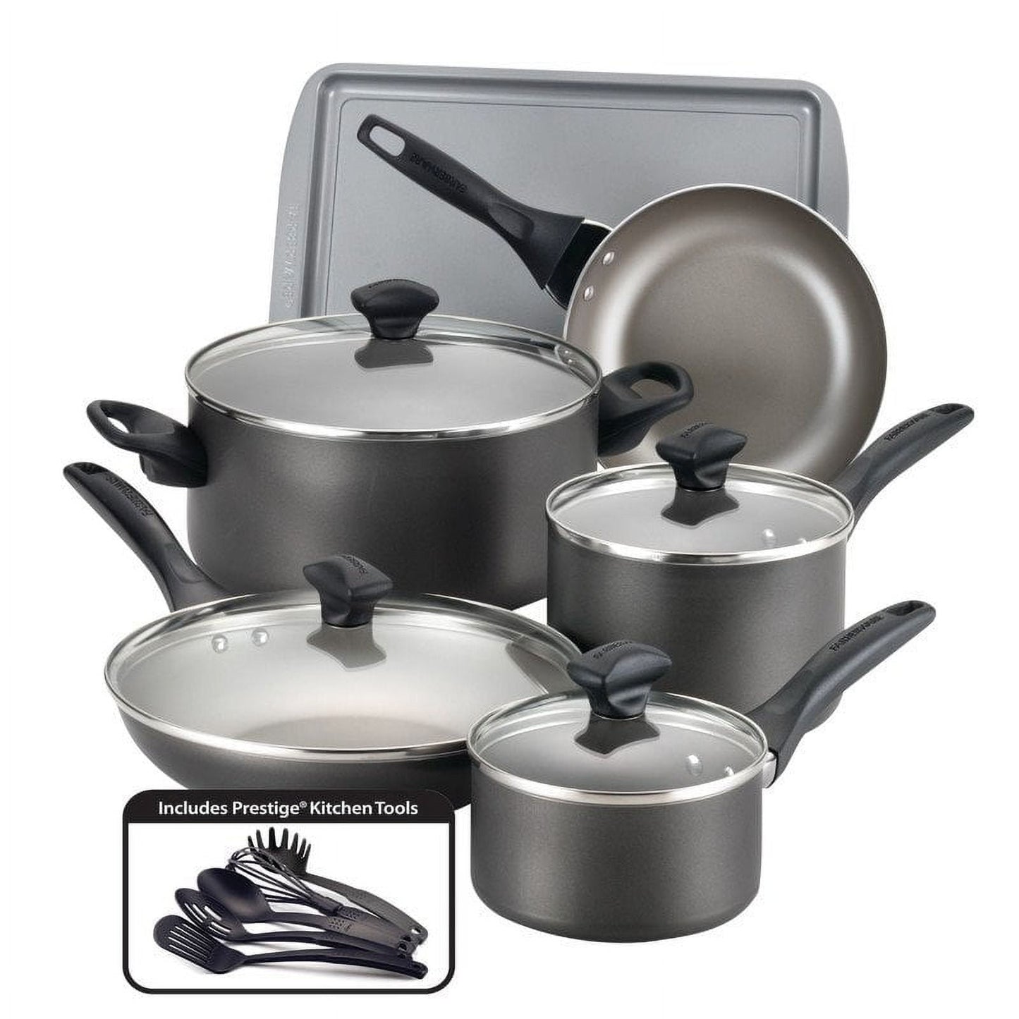 Farberware Dishwasher Safe Nonstick 15 Pcs Nonstick Cookware Set with Cooking Tools and Baking Pan, Pewter