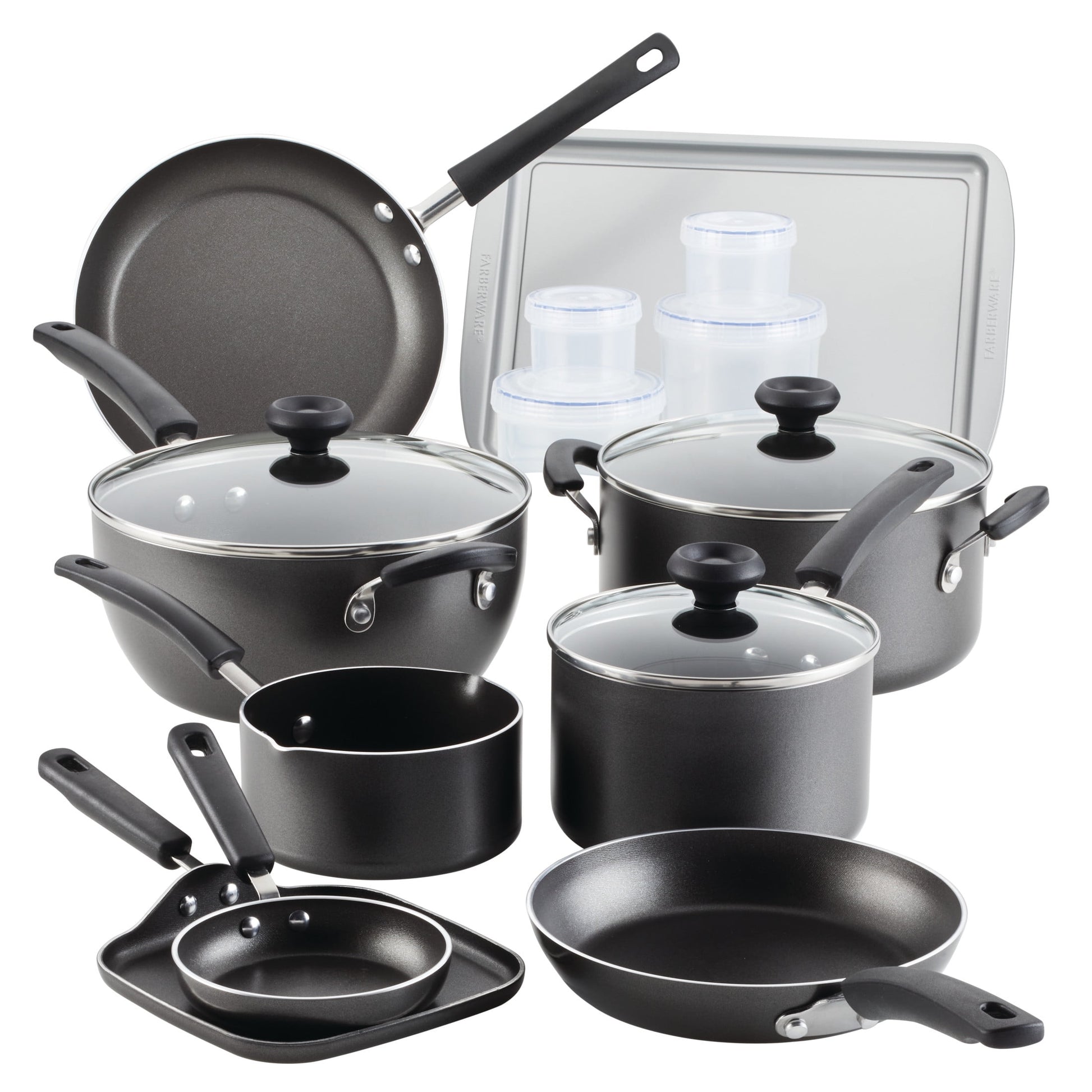 Farberware Easy Clean Juego de Utensilios de Cocina Antiadherentes de 20 Pzas y Tapas de Vidrio con Herramientas de Cocina y Recipientes para Almacenamiento de Alimentos, Apto para Lavavajillas, Gris