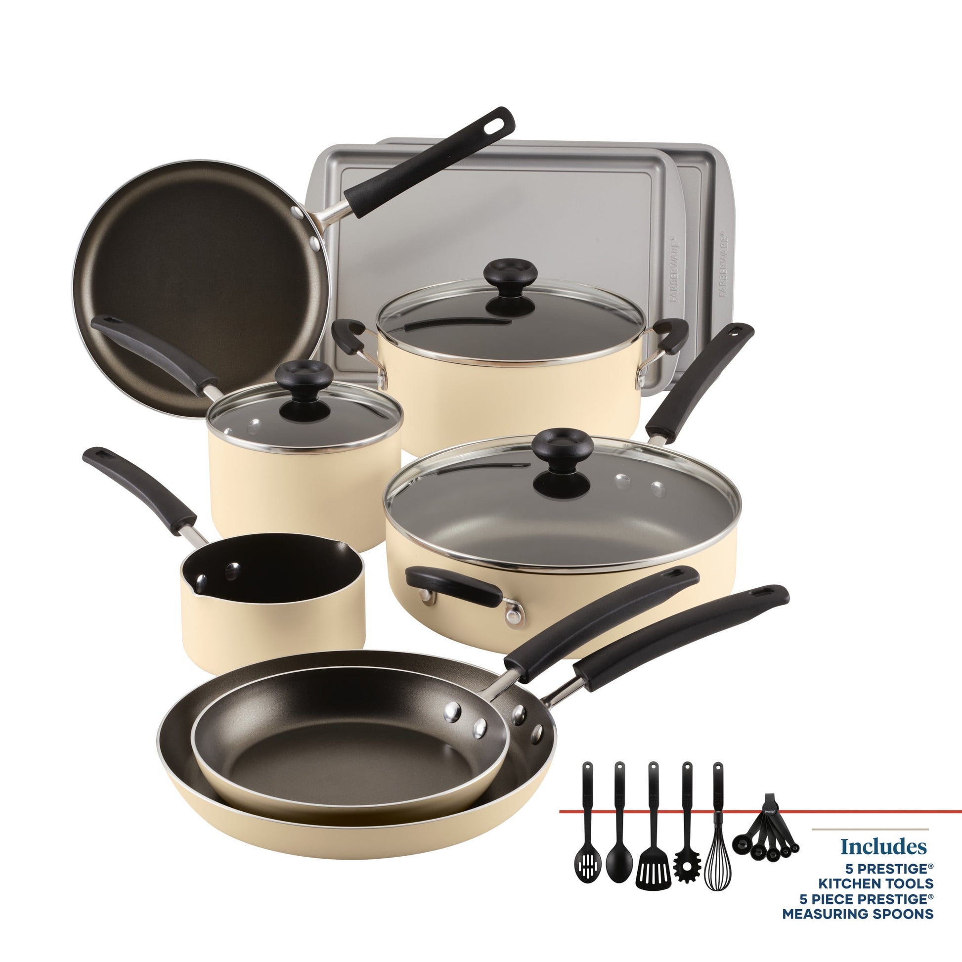 Farberware Easy Clean 22 Pcs Nonstick Cookware Set Includes Griddle Pan and Cooking Tools, Dishwasher Safe, Black