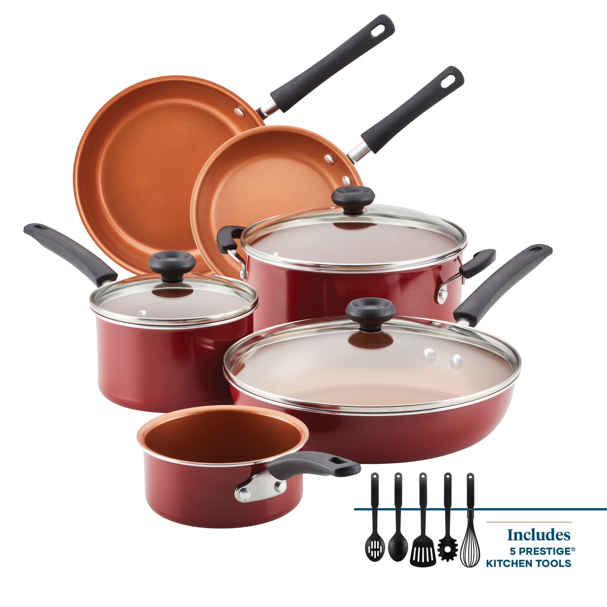 Farberware Easy Clean Pro Juego de Utensilios de Cocina Antiadherentes de CerÃ¡mica de 14 Pzas con Herramientas de Cocina, Apto para Lavavajillas, Rojo