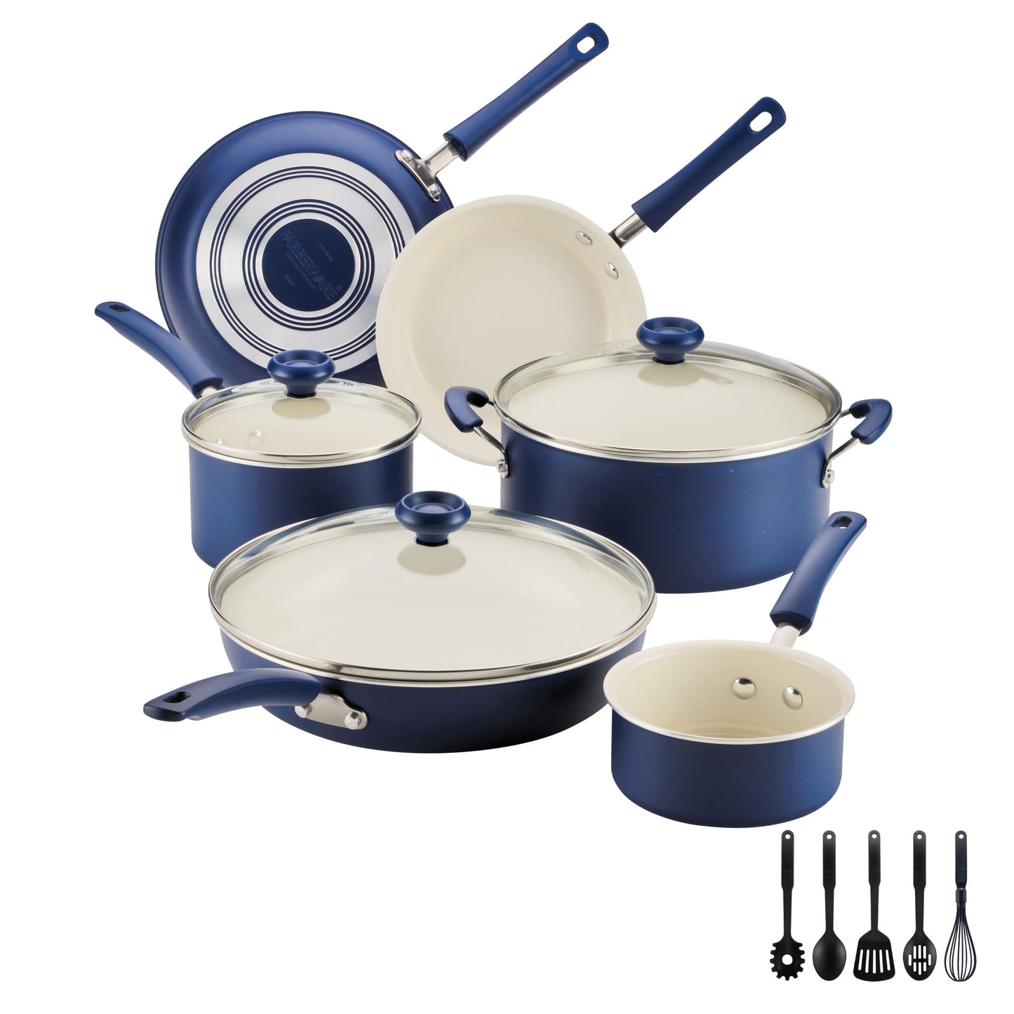 Farberware Easy Clean 14 Pcs Ceramic Nonstick Cookware Set with Cooking Tools, Dishwasher Safe, Blue