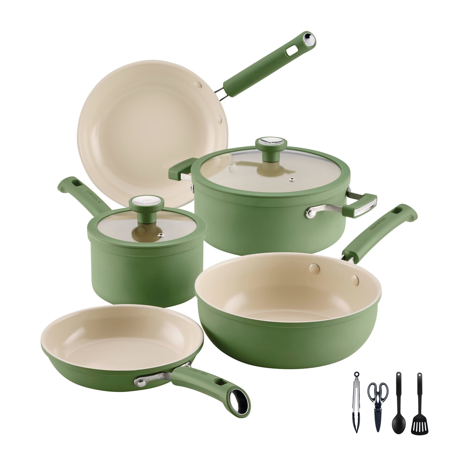 Farberware TrueCook 12pc Ceramic Cookware Set, Dishwasher and Oven Safe, Green