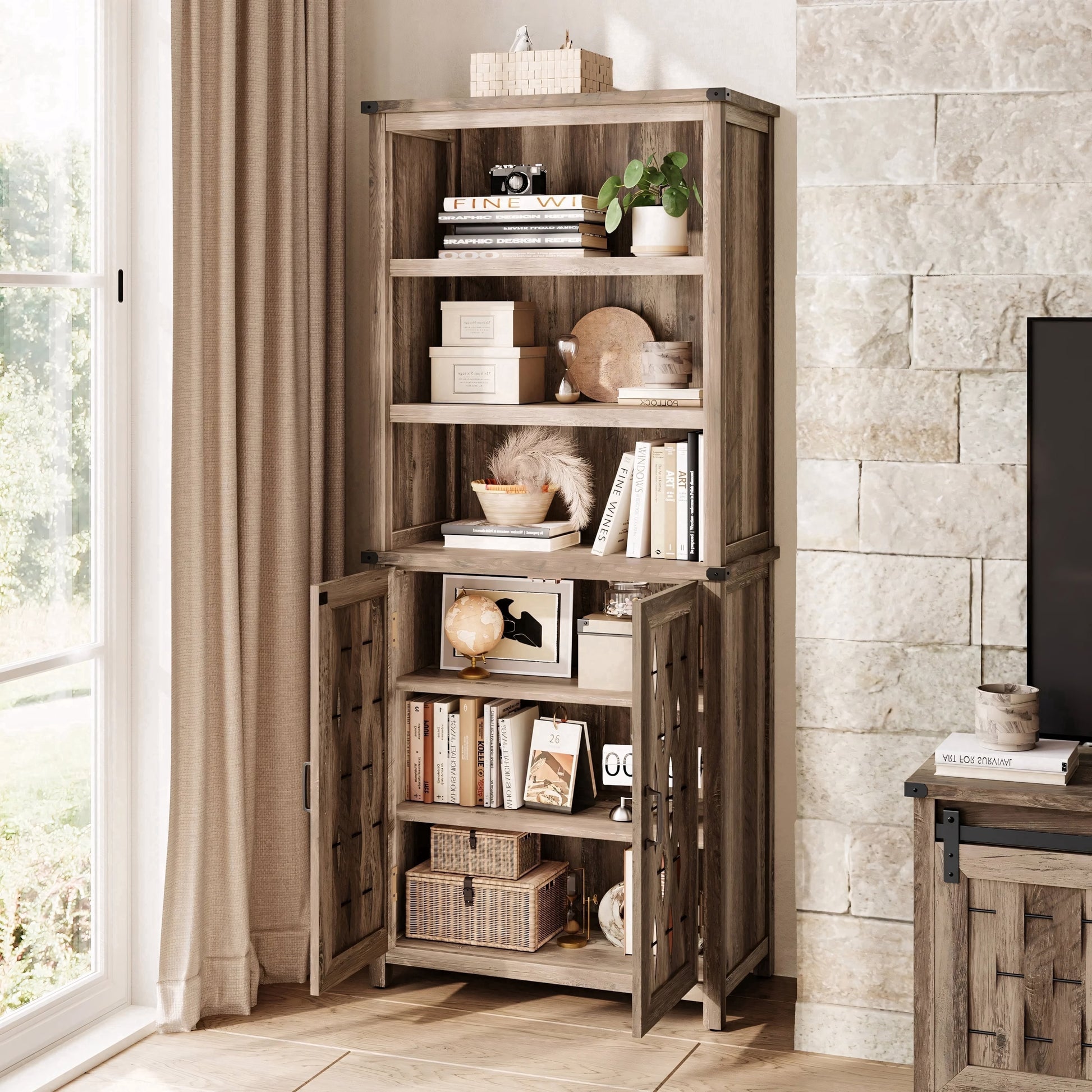 72 Inch Tall 6 Tier Farmhouse Bookcase with Door and Adjustable Shelves Light Gray