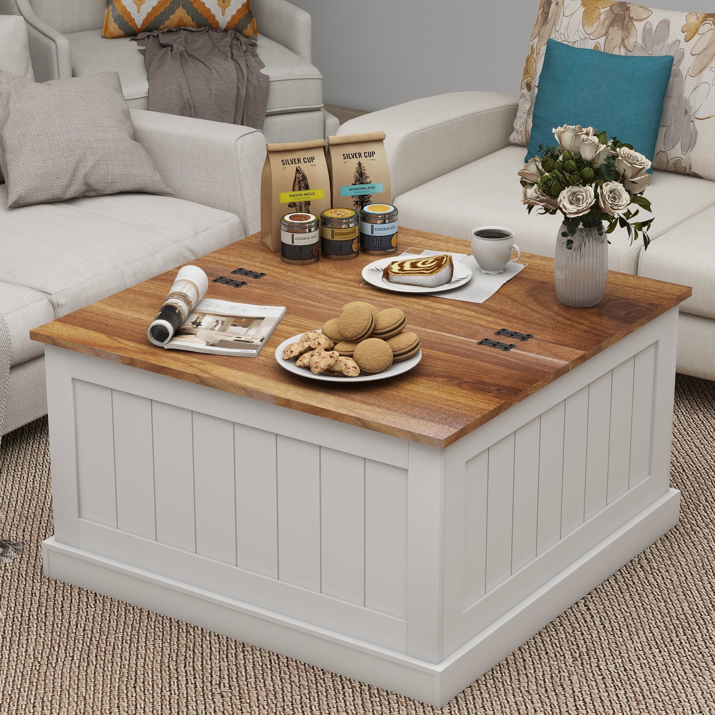 Farmhouse Coffee Table 31.5", Square Wood Center Table, Rustic Cocktail Table Furniture for Living Room, White
