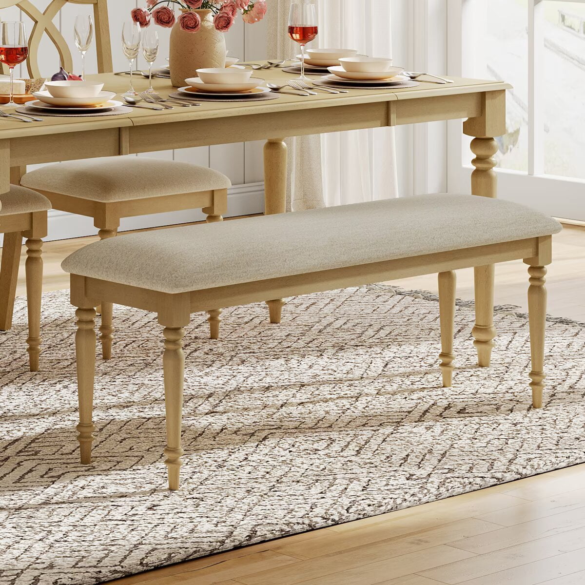 Banco de Comedor Estilo Farmhouse para Comedor, Banco Acolchado con Pata de Madera de Caucho para Cocina, 52 Pulgadas, Roble