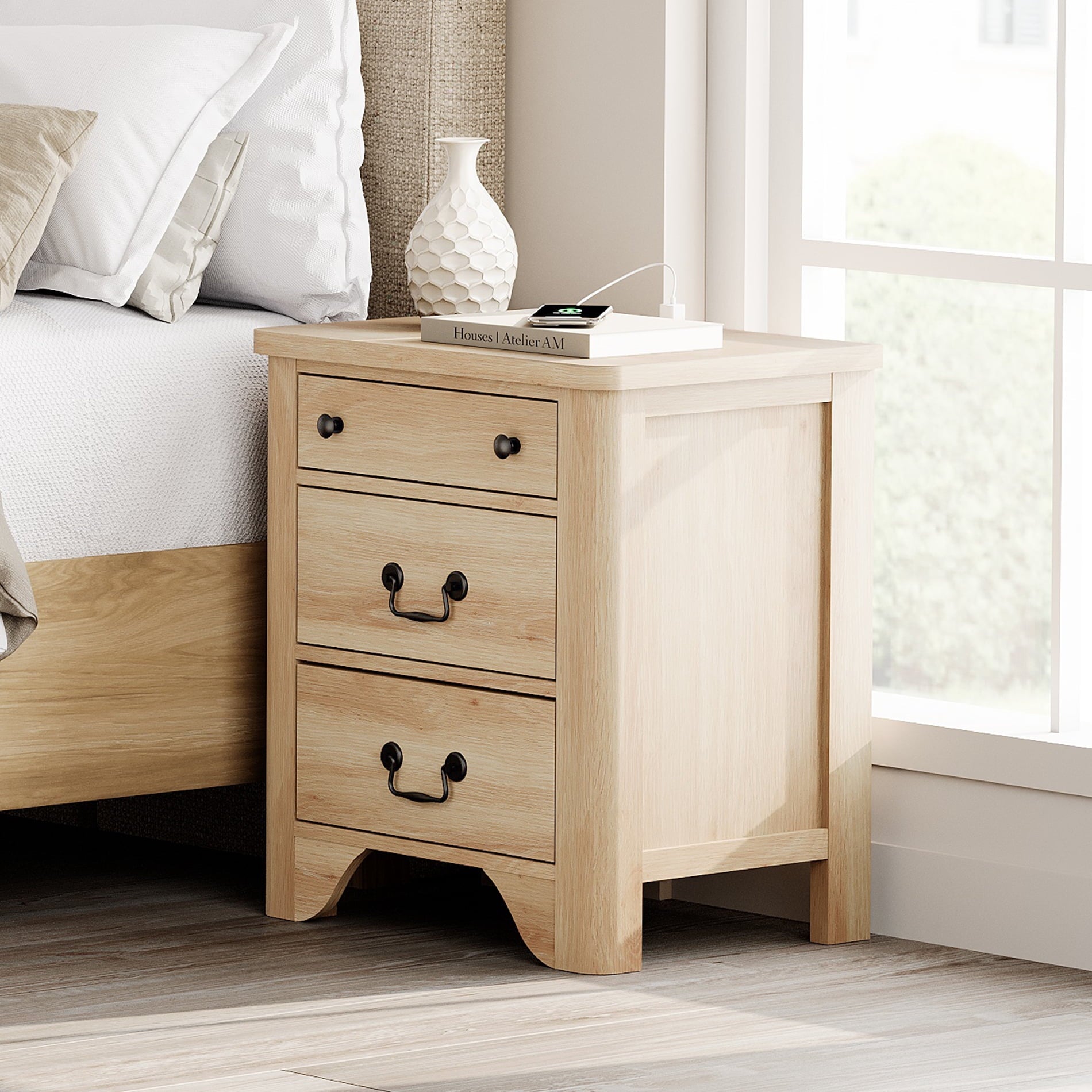 Farmhouse Nightstand with Charging Station, 3-Drawer Night stand, Wood End Table for Bedroom, Oak