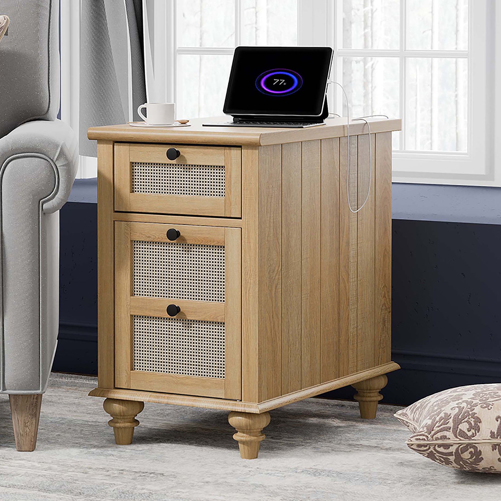 Farmhouse Oak Side Table â€“ Wooden End Table with Charging Station, Rattan Nightstand for Bedroom Living Room