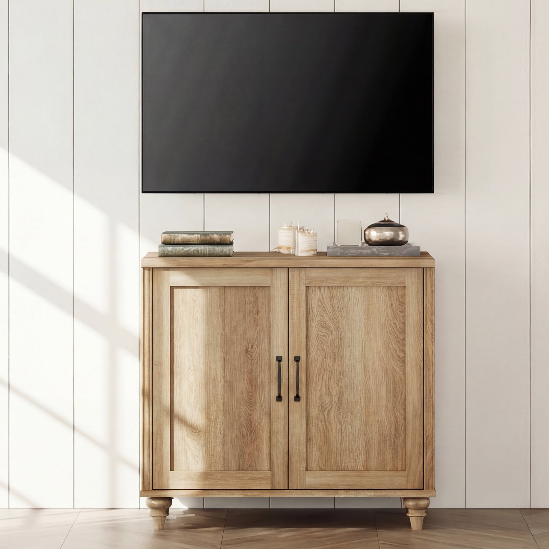 Farmhouse TV Stand For 43 Inch TV With 2 Wood Doors, Wood Universal TV Stand With Storage Cabinets, Entertainment Center TV Console Table For Living Room, Bedroom, Oak