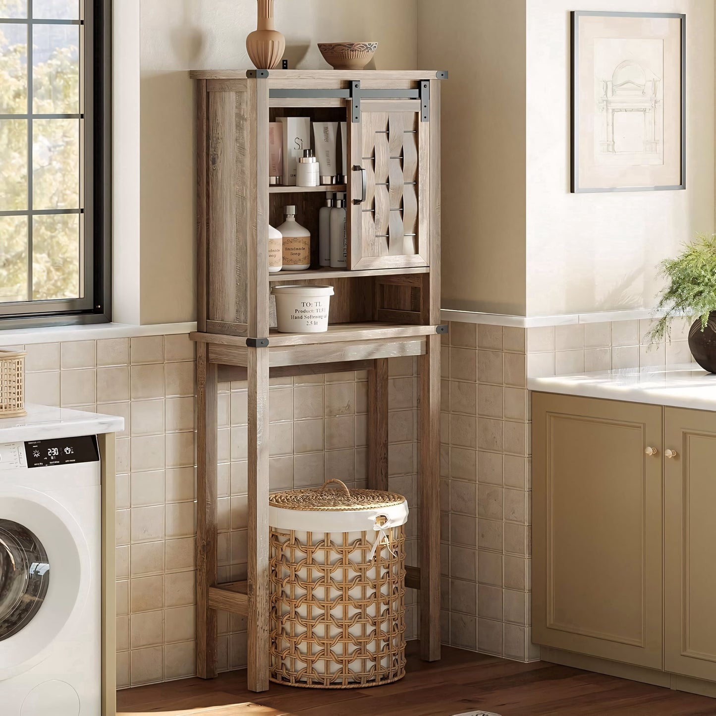 Caffoz Farmhouse Over-the-Toilet Bathroom Storage Cabinet, Space Saver Organizer with Sliding Barn Doors, Adjustable Shelves, Anti-Tip Device, Light Brown