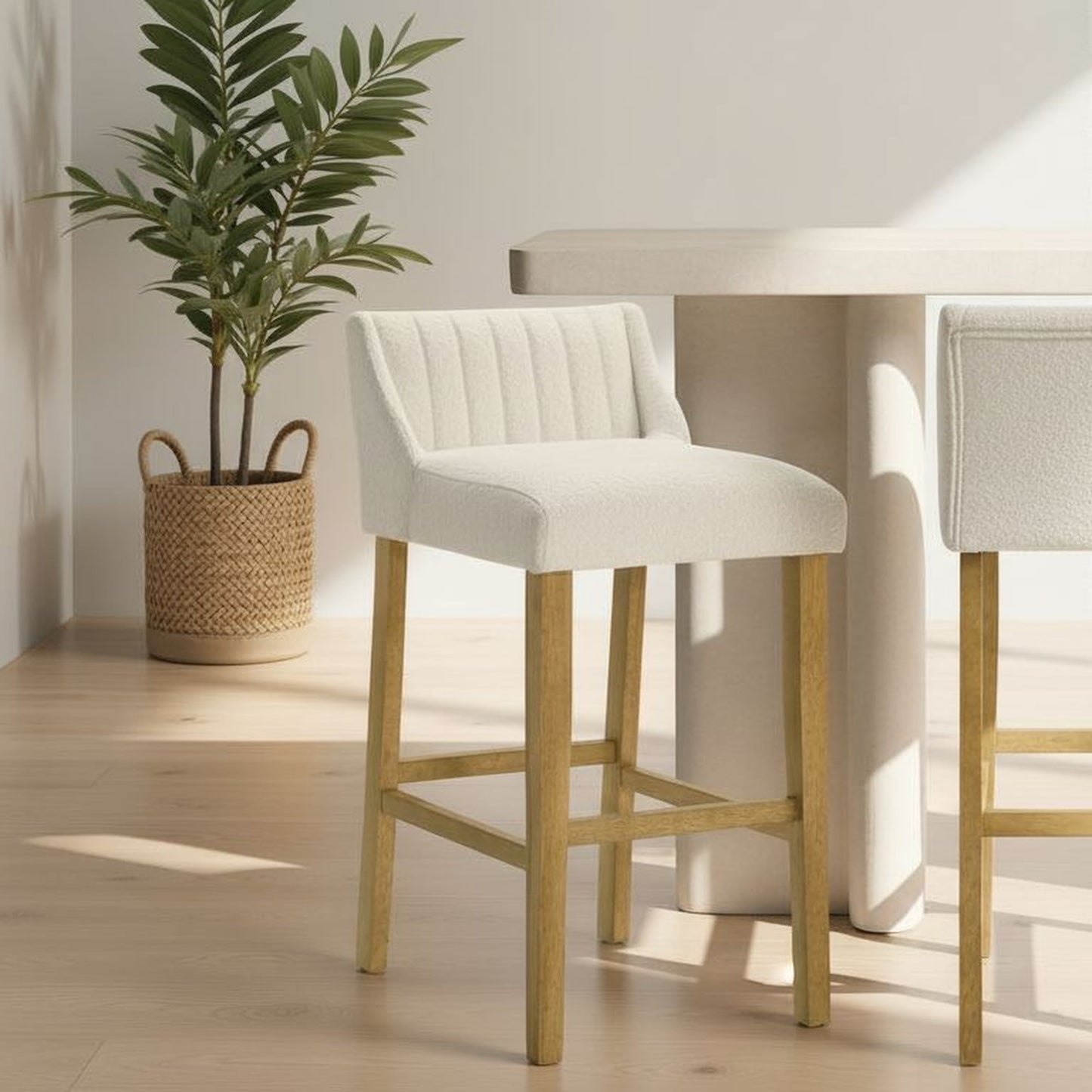 Fauna Modern Transitional Wood Bar Height Kitchen Bar Stool in Amber Glow Finish with White Boucle Fabric Upholstered Seat