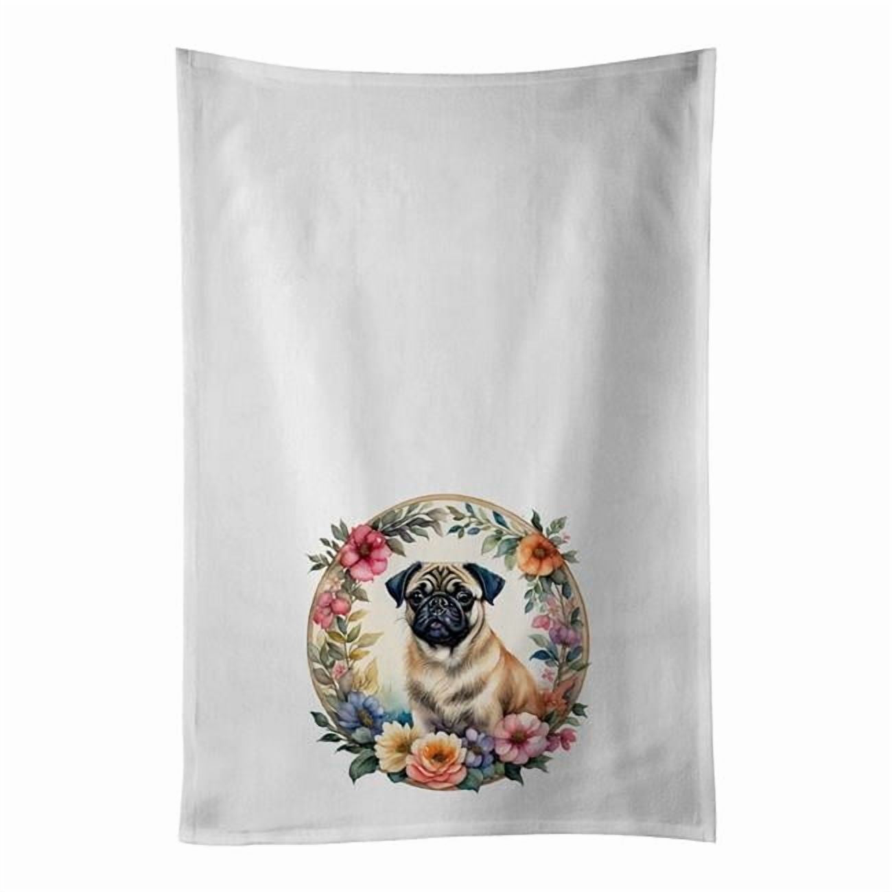 Fawn Pug and Flowers Kitchen Towel Set of 2 White Dish Towels 19 in x 28 in
