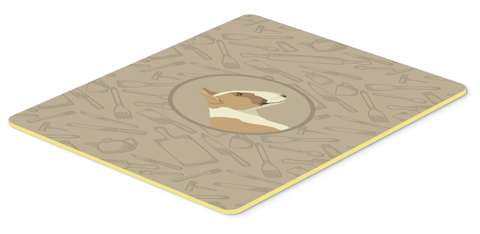 Fawn and White Bull Terrier In the Kitchen Kitchen or Bath Mat 24x36