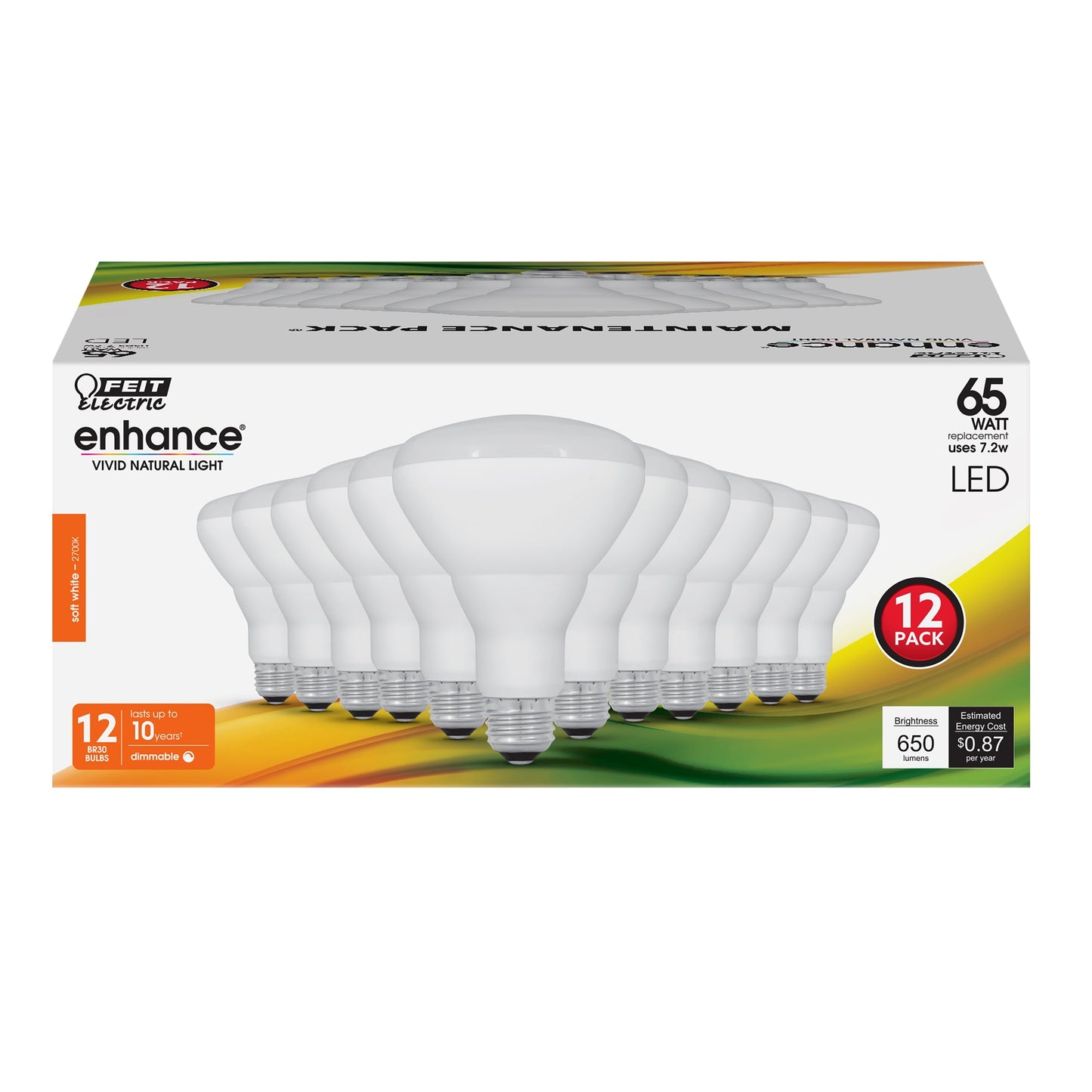 Feit Electric Enhance LED 7.2 Watt (65 Equivalent) Soft White BR30, Med E26 Base, Dimmable (12 Pack)