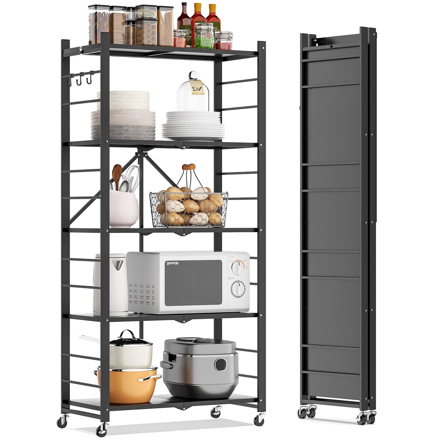 Fenbeli Storage Shelves,5-Tier Foldable Metal Wire Storage Shelf with Wheels, Heavy Duty Organizer Rack for Garage, Kitchen, Closet, White
