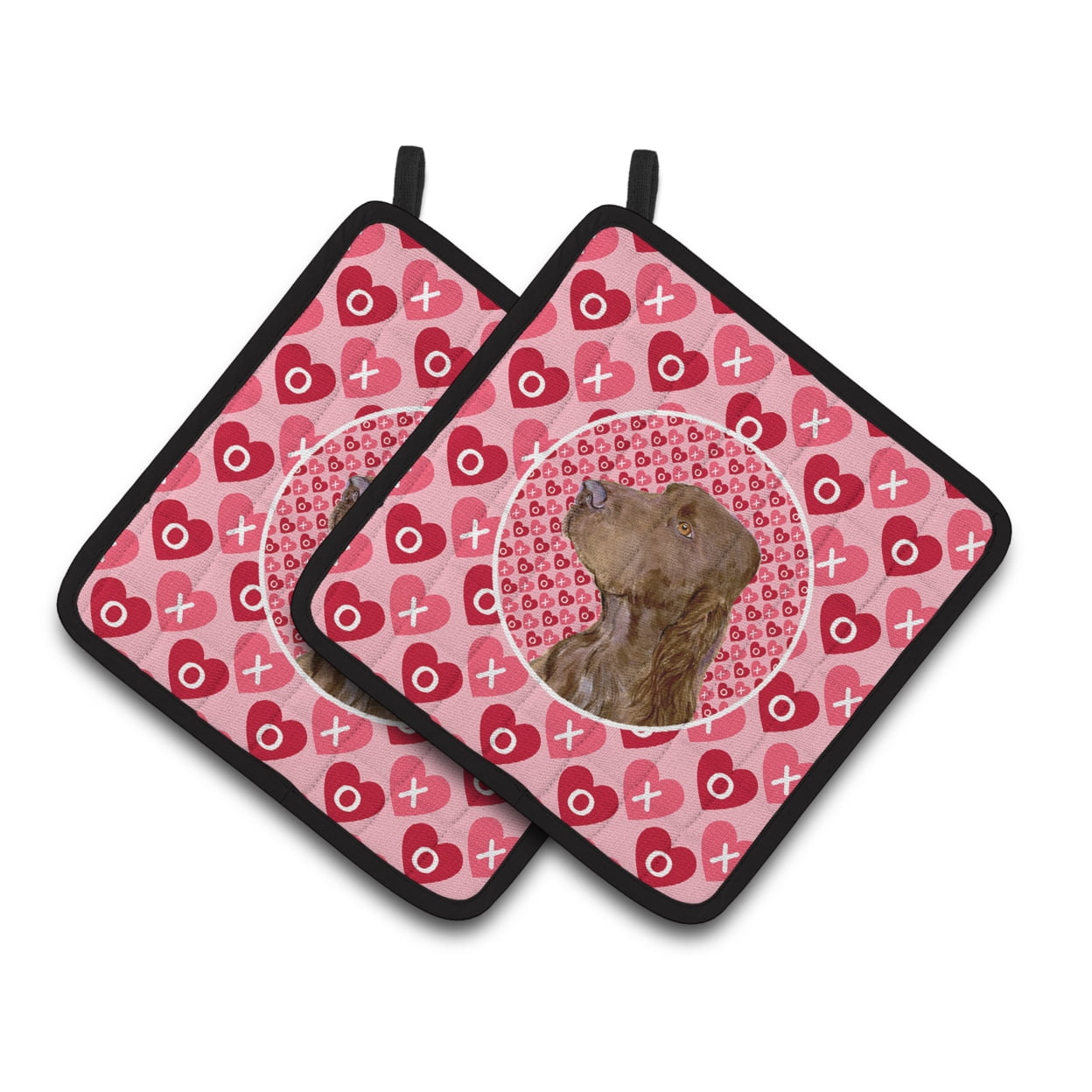 Field Spaniel Hearts Love and Valentines Day Portrait Pair of Pot Holders