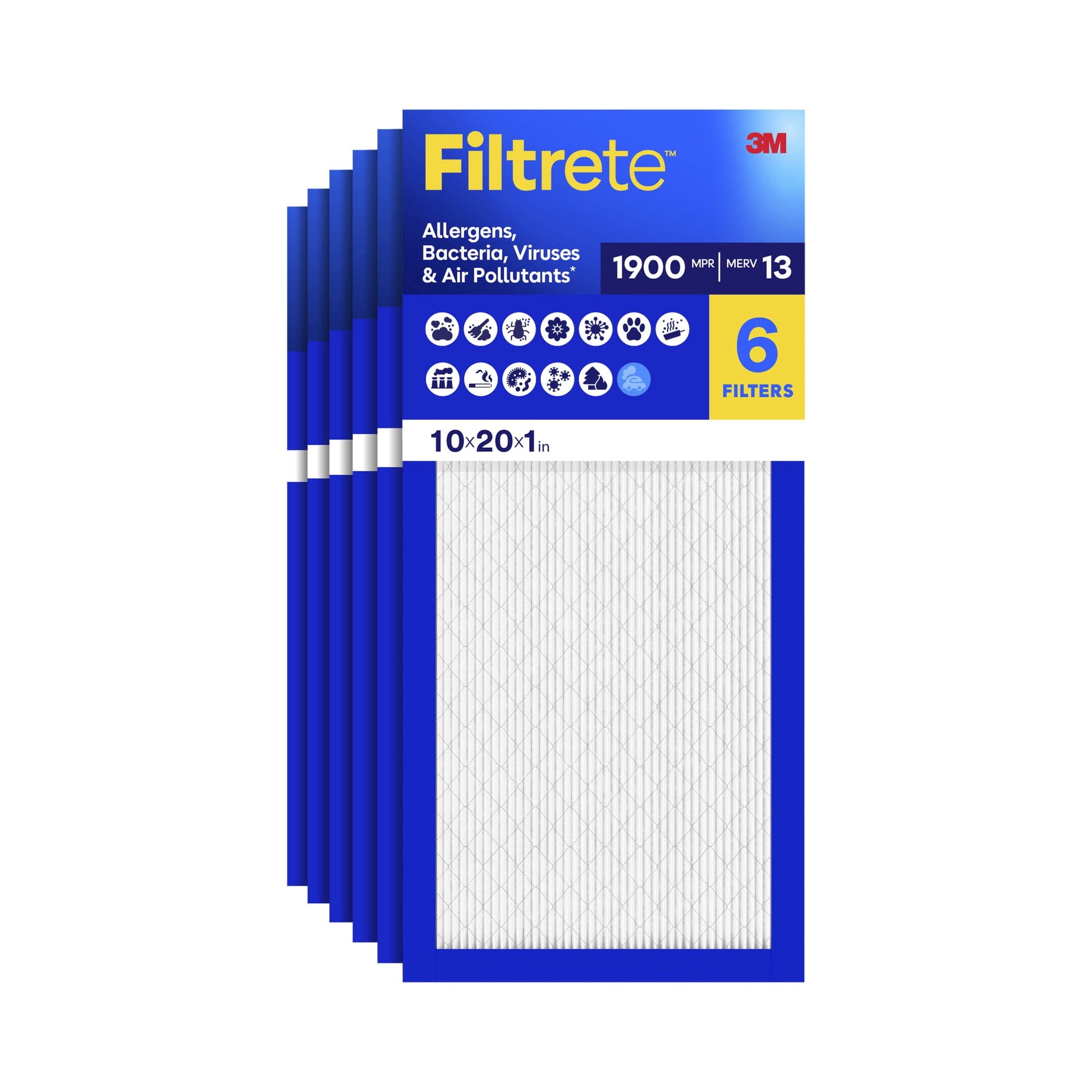 Filtrete 10x20x1 HVAC Furnace Air Filter, MPR 1900 MERV 13, Allergens Bacteria, Viruses & Air Pollutants, 6 Pack
