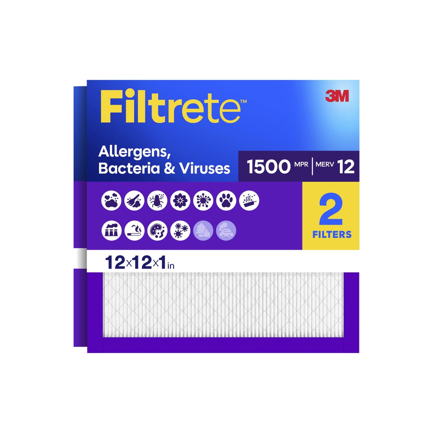 Filtrete 12x12x1 HVAC Furnace Air Filter, MPR 1500 MERV 12, Allergens, Bacteria & Viruses, 2 Pack
