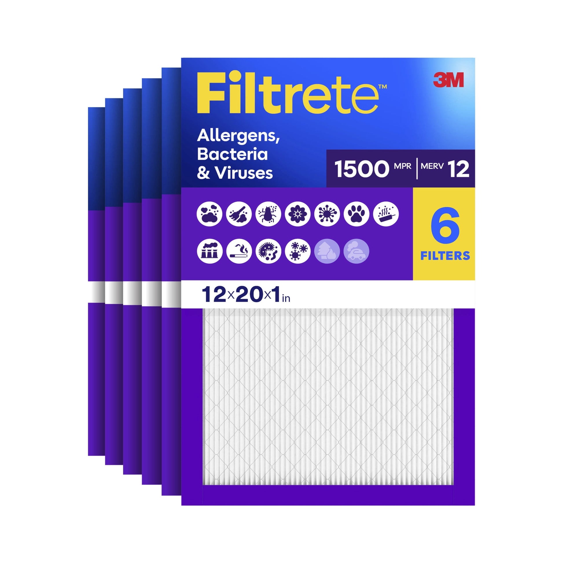 Filtrete 12x20x1 HVAC Furnace Air Filter, MPR 1500 MERV 12, Allergens, Bacteria & Viruses, 6 Pack