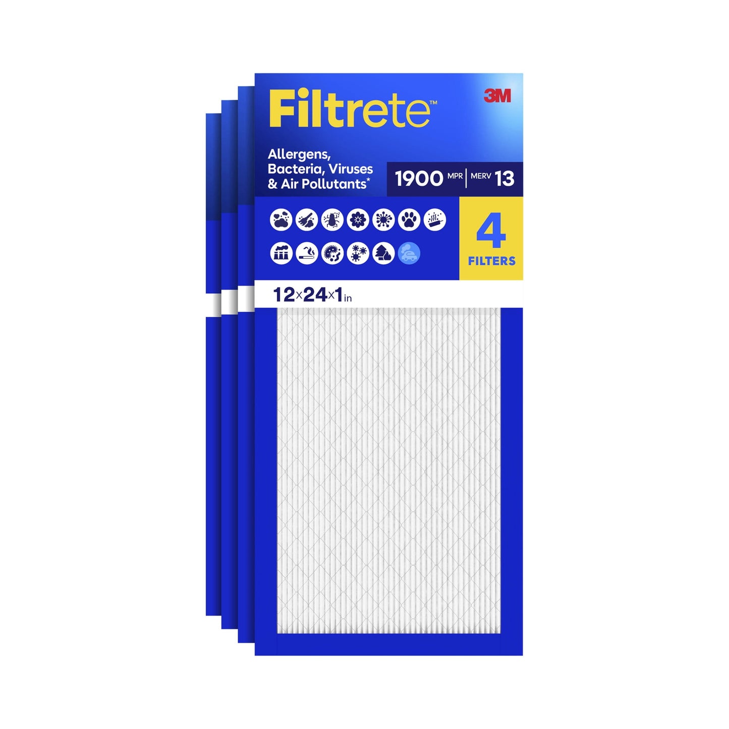 Filtrete 12x24x1 HVAC Furnace Air Filter, MPR 1900 MERV 13, Allergens Bacteria, Viruses & Air Pollutants, 4 Pack