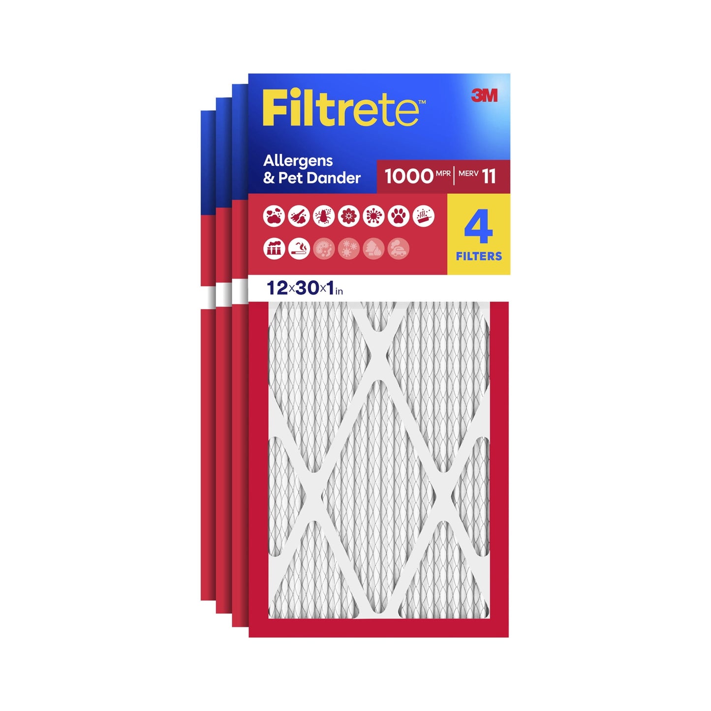 Filtrete 12x30x1 HVAC Furnace Air Filter, MPR 1000 MERV 11, Allergens & Pet Dander, 4 Pack