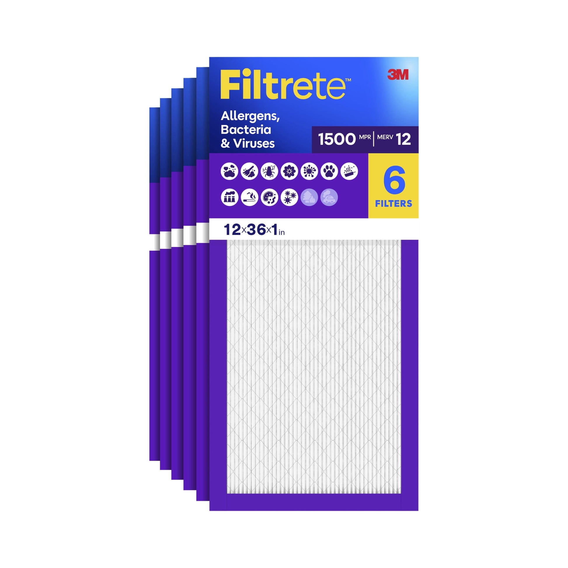 Filtrete 12x36x1 HVAC Furnace Air Filter, MPR 1500 MERV 12, Allergens, Bacteria & Viruses, 6 Pack