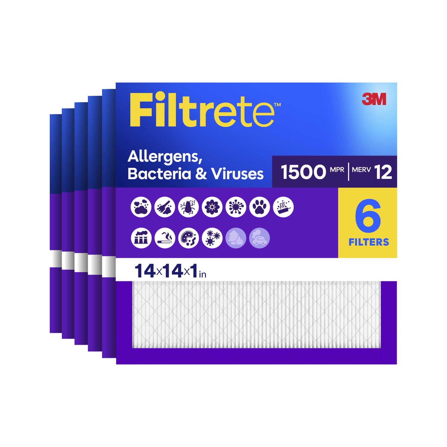 Filtrete 14x14x1 HVAC Furnace Air Filter, MPR 1500 MERV 12, Allergens, Bacteria & Viruses, 6 Pack