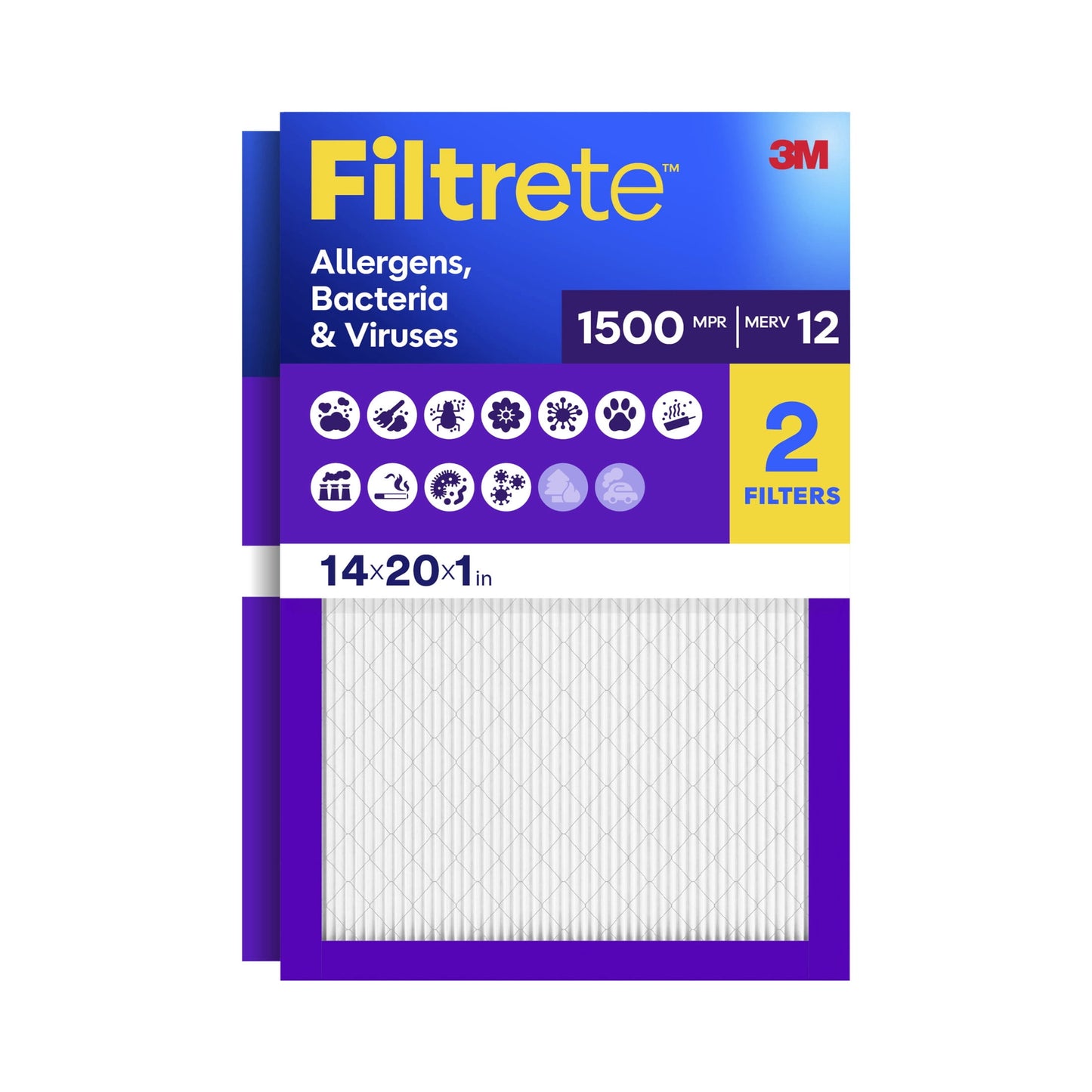 Filtrete 14x20x1 HVAC Furnace Air Filter, MPR 1500 MERV 12, Allergens, Bacteria & Viruses, 2 Pack