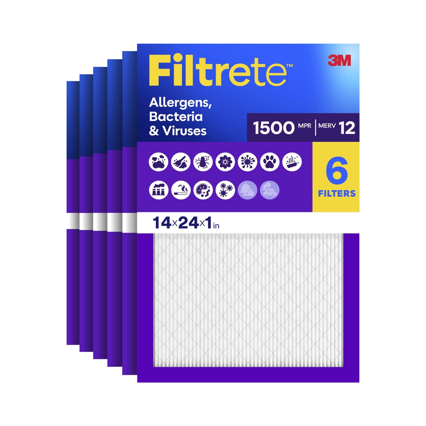 Filtrete 14x24x1 HVAC Furnace Air Filter, MPR 1500 MERV 12, Allergens, Bacteria & Viruses, 6 Pack