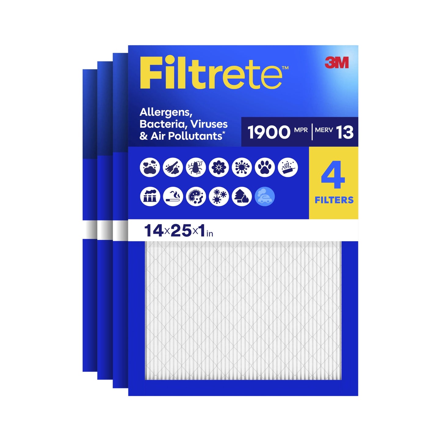 Filtrete 14x25x1 HVAC Furnace Air Filter, MPR 1900 MERV 13, Allergens Bacteria, Viruses & Air Pollutants, 4 Pack