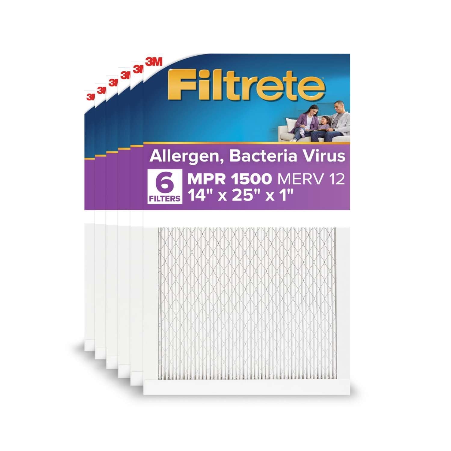 Filtrete 14x25x1 HVAC Furnace Air Filter, MPR 1500 MERV 12, Allergen, Bacteria and Virus, 2 Filters