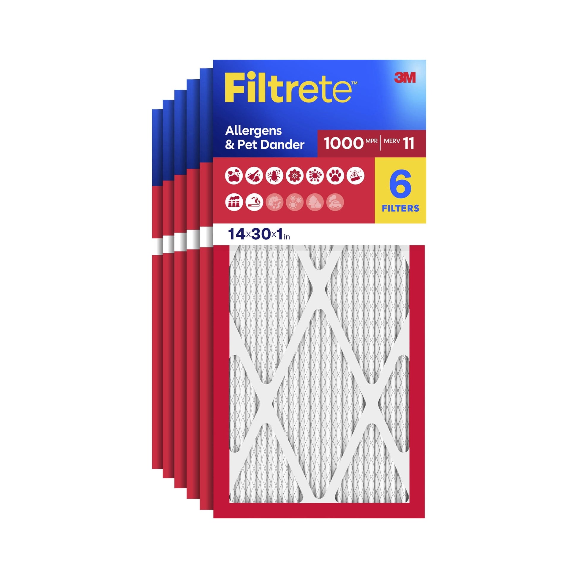 Filtrete 14x30x1 HVAC Furnace Air Filter, MPR 1000 MERV 11, Allergens & Pet Dander, 6 Pack