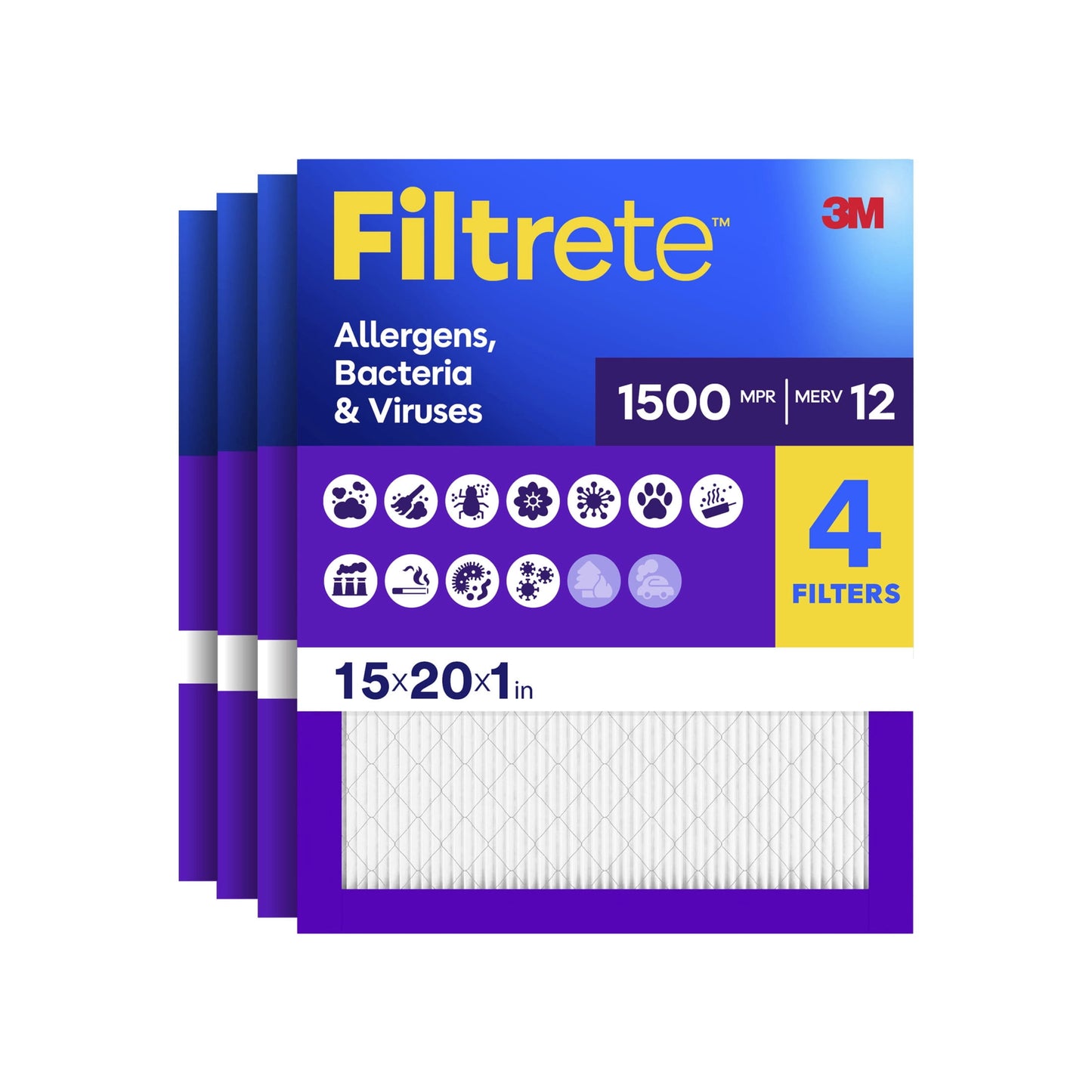Filtrete 15x20x1 HVAC Furnace Air Filter, MPR 1500 MERV 12, Allergens, Bacteria & Viruses, 4 Pack